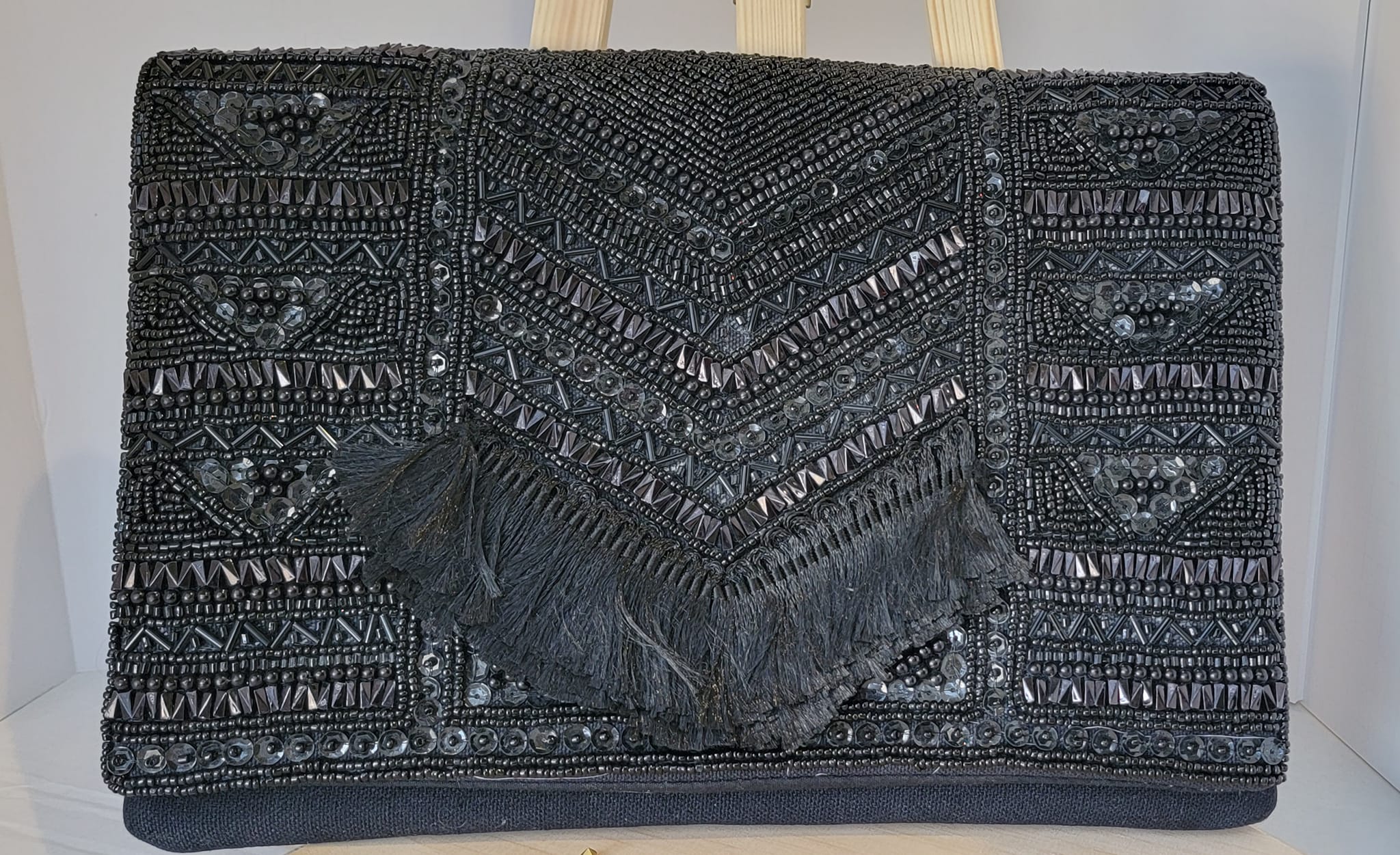 MYUS120 - Black Color Sequins Clutch Bag with Black Beads